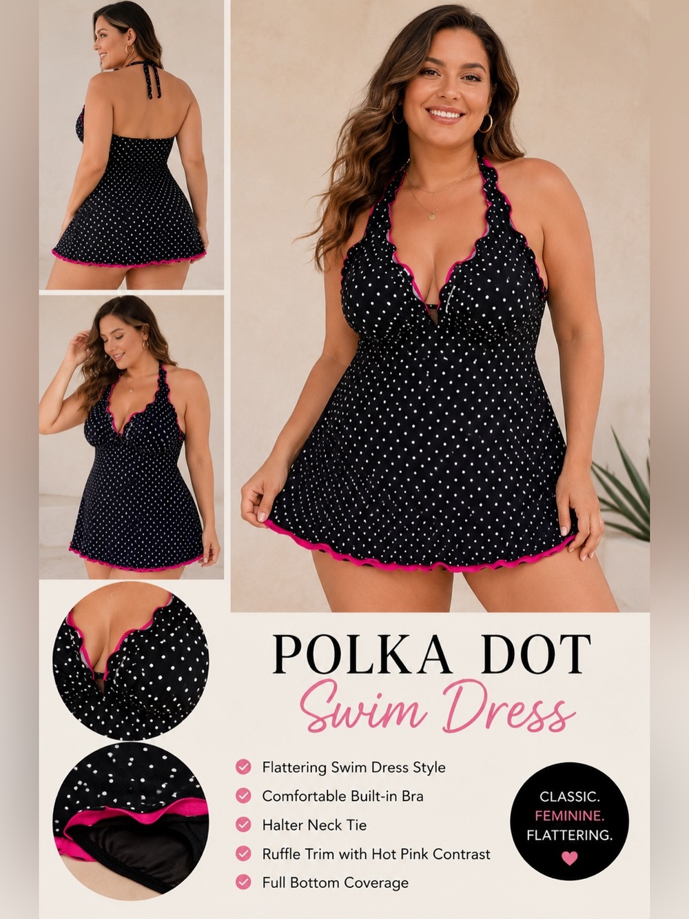 Swim Dress Lined in Hot Pink Ruffles